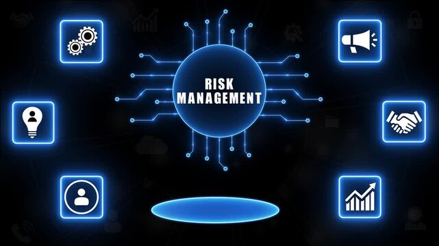 Digital concept of risk management with glowing icons and circuitry on dark blue background business.Technology video.