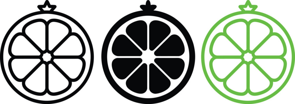 Three variations of a traditional japanese mon emblem featuring a sliced fruit pattern