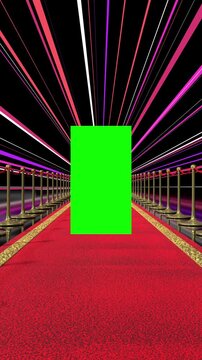 Red Carpet with Moving Light Rays and Green Screen - 3d 4k vertical animation (2160 x 3840px)