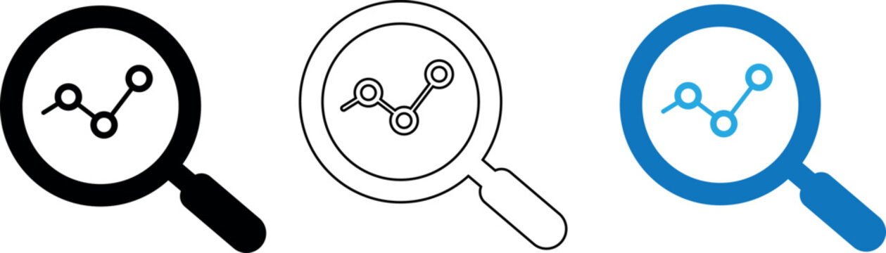 Magnifying Glass Analytics Icons with Data Chart Line Flat Vector Set
