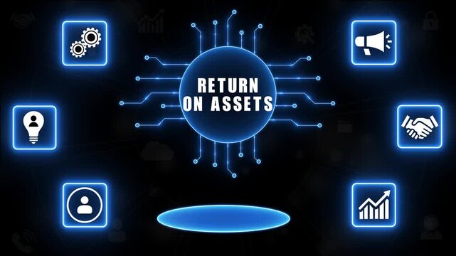 Business concept of return on assets strategy with glowing icons and central text finance investment.Technology video.