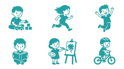 Fototapeta premium Children's Activities Collection: Playing, Running, Jumping, Reading, Painting, Cycling