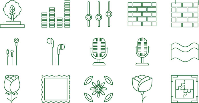 Green Outline Icon Set Featuring Multimedia Audio Equipment, Microphone, Headphones, Nature Elements, Tree, Flowers, Brick Wall, Puzzle, and Sound Level Graphics for Creative Designs