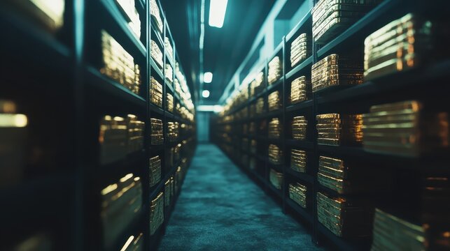 Vast Gold Reserves Secured Within a Dimly Lit, High-Security Vault