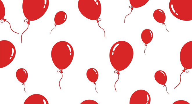 Seamless pattern of red balloons floating on a white background, flat design vector illustration