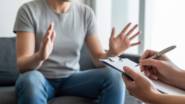  A man sits on a couch, gesturing expressively as a therapist diligently takes notes, creating a safe space for open dialogue and reflection.