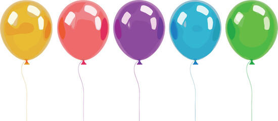 Colorful Glossy Balloons Set with Strings, Celebration Party Decoration Illustration for Birthday, Festival and Event Design © Songkari