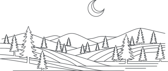Minimalist continuous line art illustration depicting a serene night landscape with rolling hills and abundant evergreen trees under a crescent moon, perfect for simple designs. © Malik 