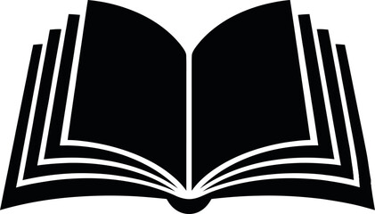 Solid black silhouette of an open book with layered pages, bold shape, minimal flat design, high contrast, clean vector icon