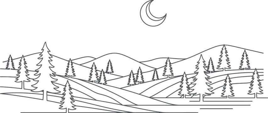 Minimalist continuous line art illustration depicting a serene night landscape with rolling hills and abundant evergreen trees under a crescent moon, perfect for simple designs.