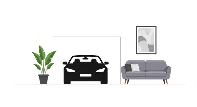 Illustration showing car parked inside a living room home.