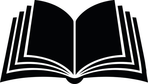 Solid black silhouette of an open book with layered pages, bold shape, minimal flat design, high contrast, clean vector icon