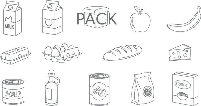 Collection of simple line art drawings featuring various grocery items including milk, eggs, bread, fruit, cheese, and canned goods for everyday use.