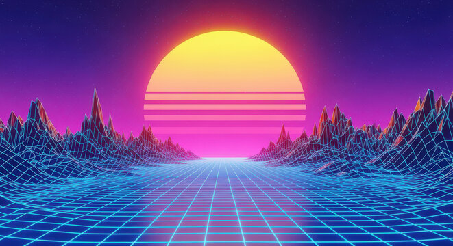 Synthwave Landscape with Grid Mountains and Sunset for 80s Inspired Designs, Digital Art, Gaming Backgrounds, and Nostalgic Visuals in Retro Style