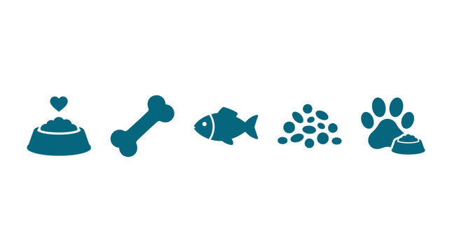 Pet Food Icons: Bowl, Bone, Fish, Kibble, Paw Print, and Bowl