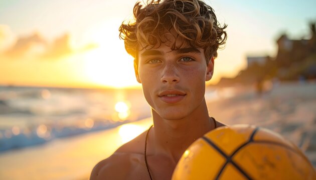 Joven con pelota de playa al atardecer junto al mar