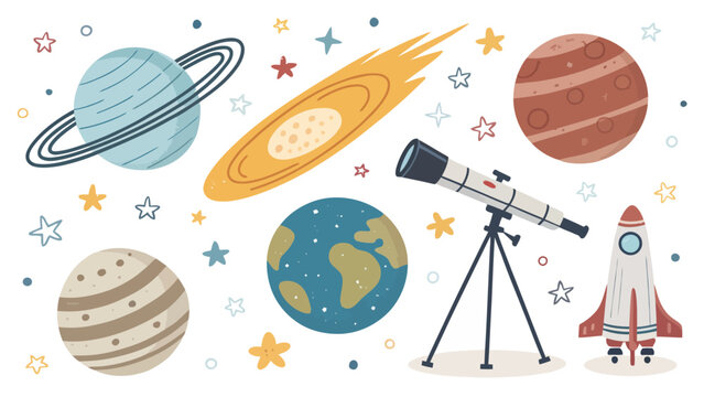 Set of space elements with planets, comet, telescope and rocket hand drawn vector illustration of outer space objects for kids design, posters, stickers and educational materials