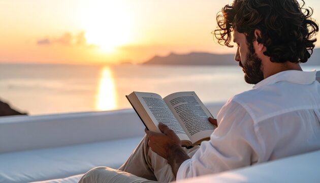 Hombre leyendo un libro al atardecer en una terraza frente al mar