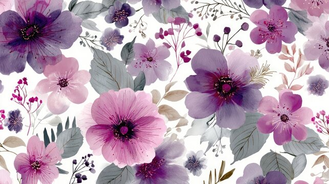 Watercolor Floral Pattern with Purple and Pink Blossoms.