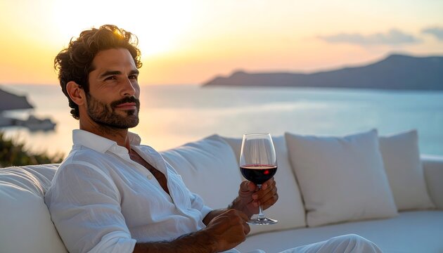 Hombre relajado con copa de vino al atardecer en una terraza frente al mar