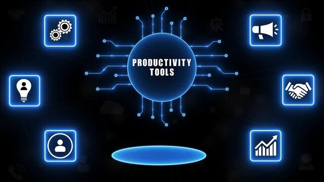 Central circle with text PRODUCTIVITYTOLS connected to surrounding icons of gears lightbulb handshake megaphone and bar graph. Technology video.