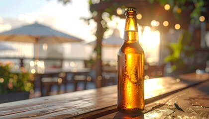 Naklejka premium Botella de cerveza sin etiqueta sobre mesa de madera al atardecer