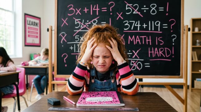 Young student struggling with difficult math problems in a classroom setting