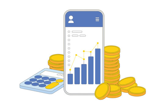  Mobile banking and financial investment concept with smartphone, growth charts and golden coins flat vector illustration