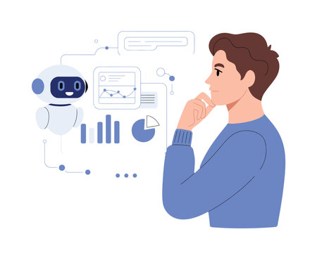  Man analyzing financial data with AI robot assistant flat vector illustration