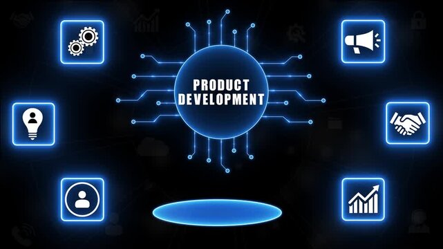 Product Development Concept with Central Hub and Surrounding Icons on Dark Blue Background business strategy.4k animation.