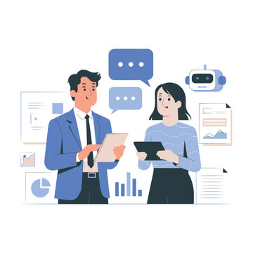  Business Professionals Analyzing Data with AI Assistant - Corporate Team Discussing Market Trends, Statistics, and Strategy with Digital Chatbot Illustration