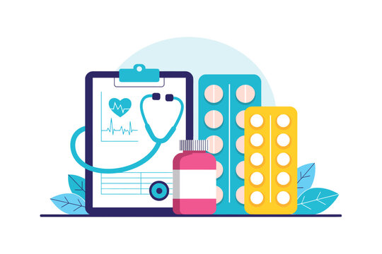  Medical Healthcare Concept with Clipboard and Medicines - Stethoscope, Pill Blisters, and Prescription Bottle Flat Illustration