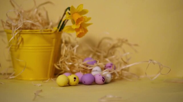 Easter chocolate eggs and daffodil flowers yellow background