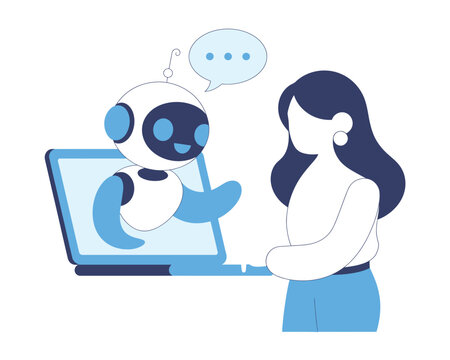  Woman Interacting with AI Chatbot on Laptop - Customer Support, Artificial Intelligence Assistant, and Digital Communication Concept Illustration