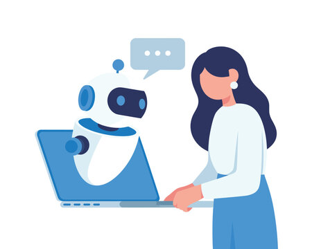  Woman Interacting with AI Chatbot on Laptop - Customer Support, Artificial Intelligence Assistant, and Digital Communication Concept Illustration