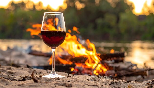 Copa de vino tinto junto a una hoguera al aire libre al atardecer