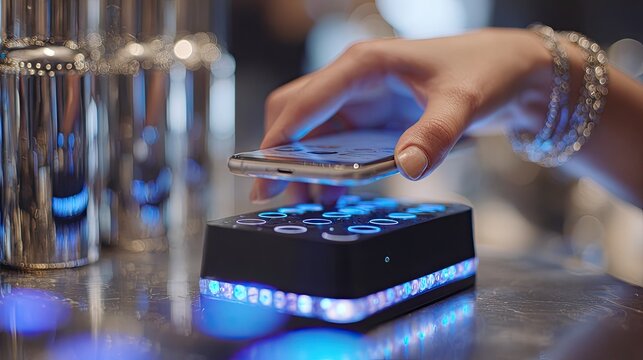 Customer making contactless payment with smartphone at a bar counter.