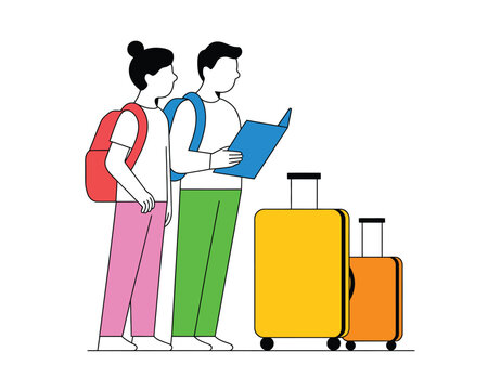  Two Male Travelers Planning a Journey with Map and Luggage - Young Tourists with Backpacks and Suitcases Ready for Adventure