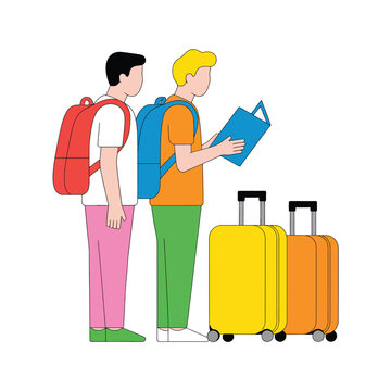  Two Male Travelers Planning a Journey with Map and Luggage - Young Tourists with Backpacks and Suitcases Ready for Adventure
