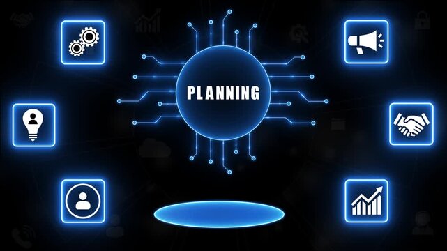 Digital concept of planning with interconnected icons and glowing central circle strategy organization.4k Animation.