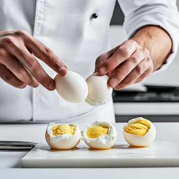 Chef cracking boiled eggs with a spoon prepa multiple hard-boiled eggs on a white cutting board for cooking or breakfast in a modern kitchen setting