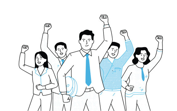  Successful Business Team Celebrating Achievement - Diverse Professionals Raising Fists in Victory Concept Illustration