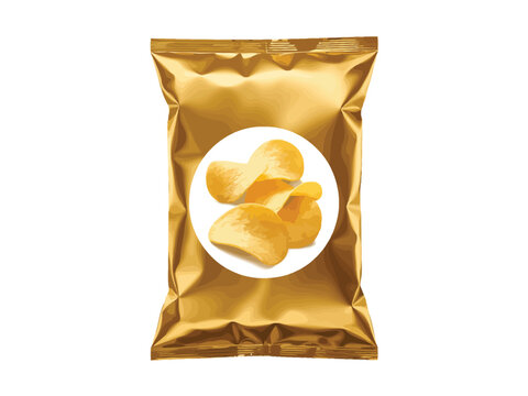  Golden Foil Potato Chips Foil Packaging Mockup - Blank Snack Bag with Realistic Crispy Chips Illustration