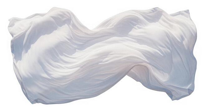 Flowing white satin fabric with soft folds draped in a curve isolated on a transparent background