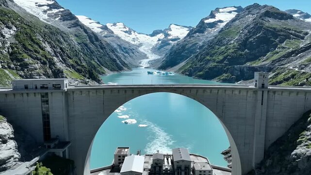 A stunning aerial view showcases the majestic arch of the Verzasca Dam nestled within a breathtaking Swiss alpine landscape, with turquoise waters reflecting the surrounding snow-capped peaks.