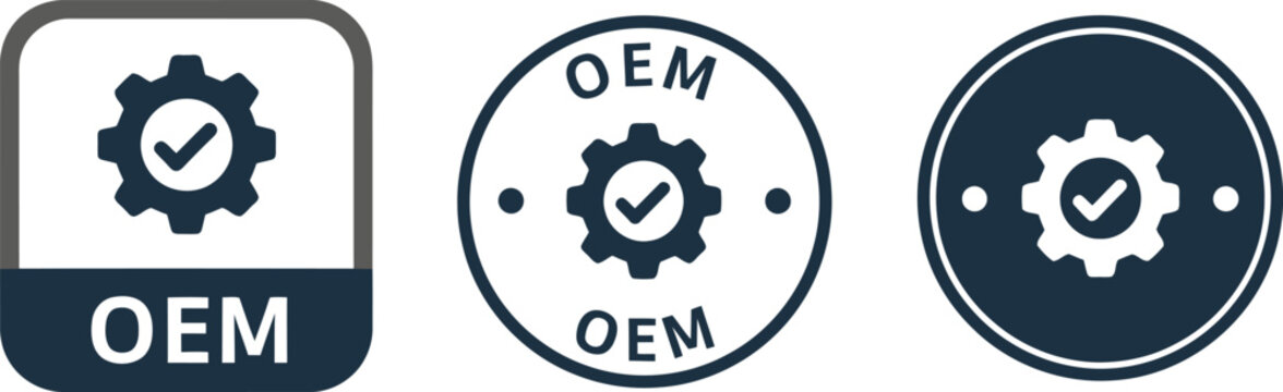 OEM certified icon set with gear and check mark for original equipment manufacturer branding