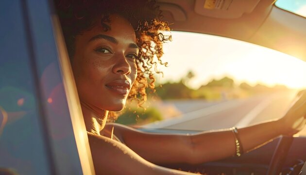 Mujer conduciendo un coche al atardecer durante un viaje por carretera