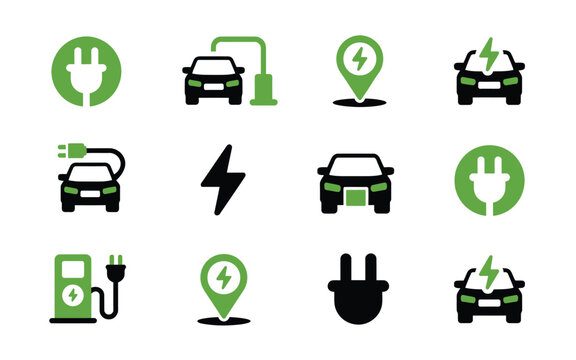   Electric Vehicle and EV Charging Station Icon Set for Green Energy Transportation.