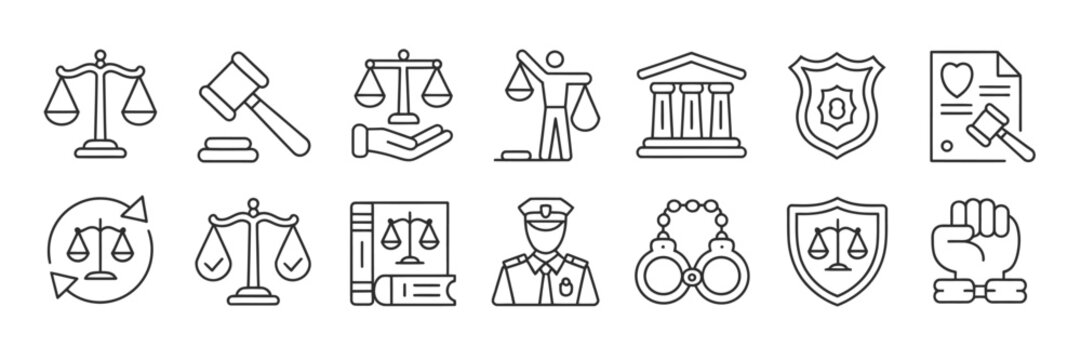  Set of Law and Justice Line Icons - Scales of Justice, Judge Gavel, Handcuffs, Police Officer, and Legal System Symbols