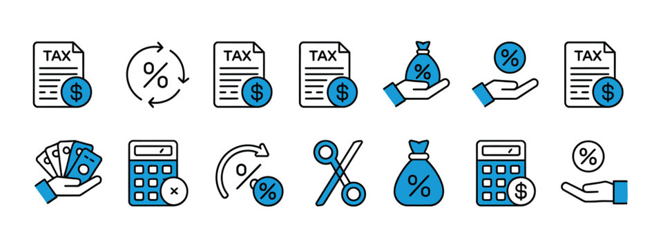  Set of Financial Tax and Economy Line Icons - Tax Forms, Percent, Money Bag, Calculator, and Interest Rate Symbols